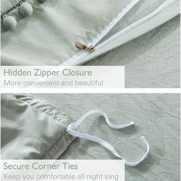 UO 3 Pieces Queen Green Pom Pom Fringe Duvet Cover - Picture 6 of 9